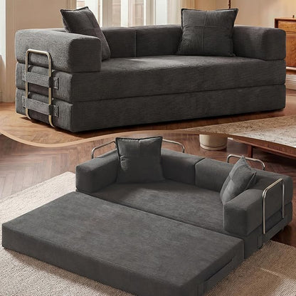 GRUSIGN 78 Inch Convertible Sofa Bed, 5-in-1 Futon Sofa Bed Pull Out Couch, Boneless Couch Bed for Living Room, Corduroy Boneless Couches for Bedroom, Apartment, No Assembly Sleeper Sofa Bed, Gray
