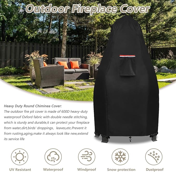Patio Chiminea Cover,Heavy Duty 600D Waterproof Wood Burning Fire Pits Cover, Chimenea Outdoor Fireplace Wooden Fire Pit Covers,25" Dia x 43.3" H.