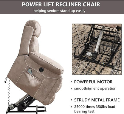 CANMOV Large Power Lift Recliner Chairs with Massage and Heat for Elderly Big People, Heavy Duty Motion Reclining Mechanism-Anti Skid Fabric Recliner Chair with 2 Concealed Cup Holders,Light Brown