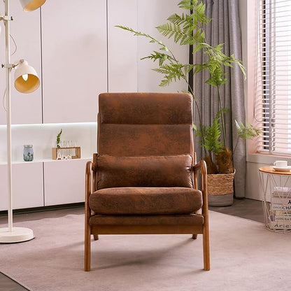 Karl home Accent Chair High Back Mid-Century Modern, Brown | Bronzing Cloth Upholstered, Walnut Color Solid Rubber Wood Frame, Soft Cushion with Pillow, For Living Room, Bedroom, Balcony