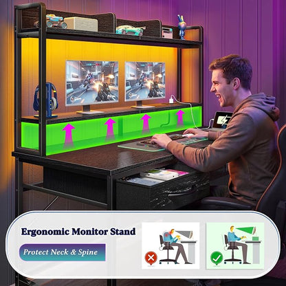 DurayLoly Computer Desk with Shelves and Drawers for Bedroom,Black | Neck&Waist Strain Relief Monitor Stand, Vision-protect RGB LED Suited for Students&Office Sitters