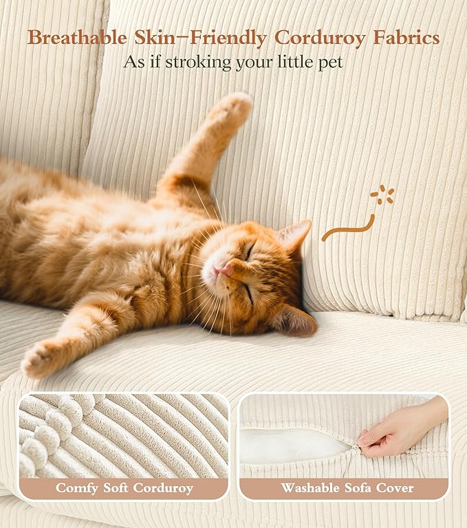 87in Corduroy Couch, Kidirect Sofa No Tool Assembly, Comfy Couches for Living Room 21in Deeper Seats, Corduroy Sofas for Living Room with 2 Pillows, Oversized Loveseat Sofa, Boho Love Seat Beige Couch