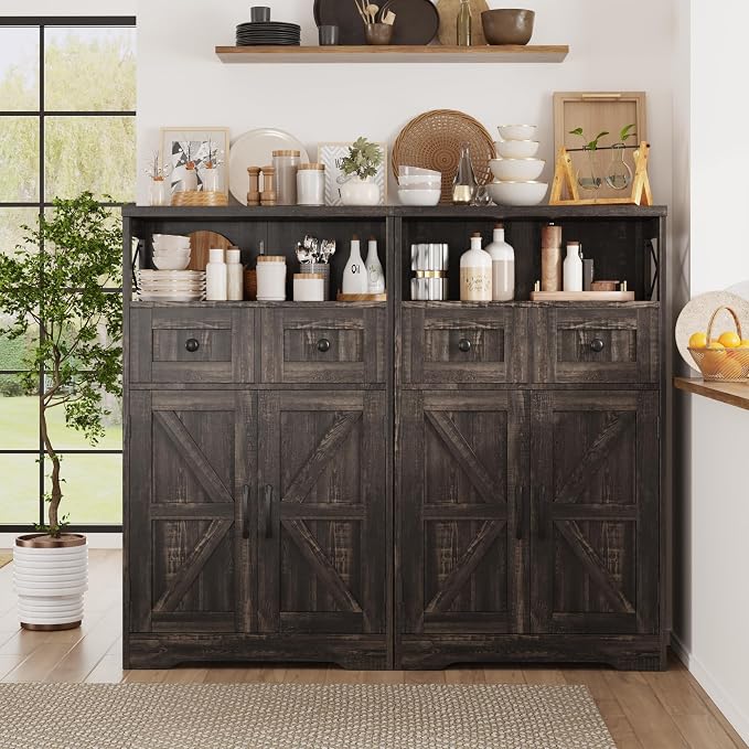 Dark Wood Grey Farmhouse Storage Cabinet Set of 2, Small Kitchen Pantry Cabinet with Drawers and Adjustable Shelf, Sideboard Buffet Coffee Bar Cabinet for Living Room/Dining Room/Bathroom/Home Office