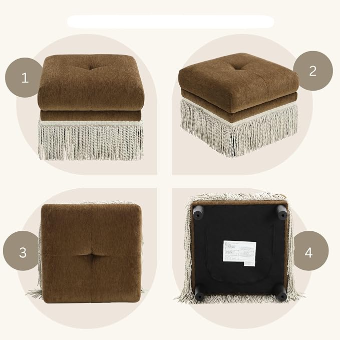 Hyfirm Brown Upholstered Accent Ottoman with Fringe, 22 Inch Square Plush Footstool Ottomans Bench for Bedroom, Modern Boho Pouf Foot Rest for Living Room, Couch