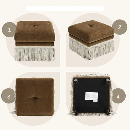 Hyfirm Brown Upholstered Accent Ottoman with Fringe, 22 Inch Square Plush Footstool Ottomans Bench for Bedroom, Modern Boho Pouf Foot Rest for Living Room, Couch