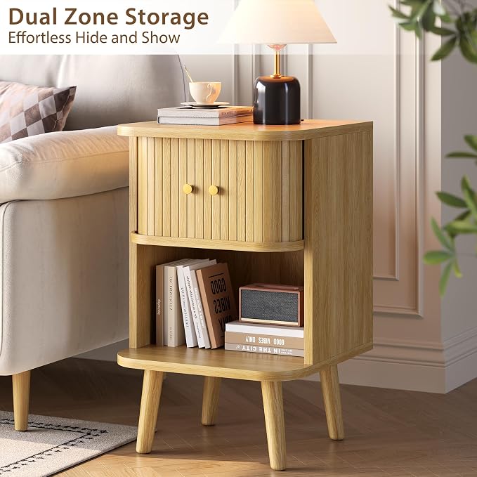 Decofy Fluted Nightstand, Mid Century Modern Bedside Table with Charging Station, Walnut End Tables with Sliding Tambour Doors, Storage Cabinet and Open Shelf for Bedroom, Oak