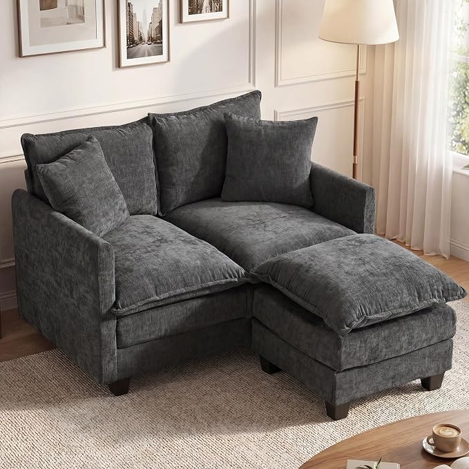 50'' L-Shape Loveseat Sofa with 22" Ottoman, 2 Seat Modern Cloud Couch with 2 Washable Pillows for Small Space Apartment Office Living Room Bedroom, Grey