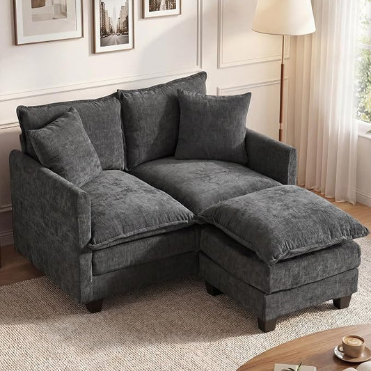 50'' L-Shape Loveseat Sofa with 22" Ottoman, 2 Seat Modern Cloud Couch with 2 Washable Pillows for Small Space Apartment Office Living Room Bedroom, Grey