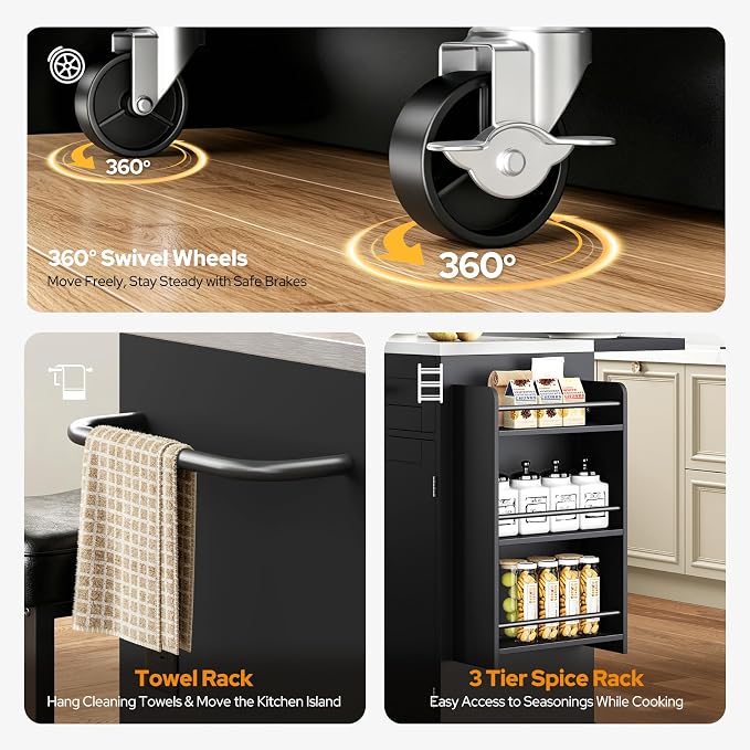 Concho 56'' Kitchen Island with Seating and Stainless Steel Countertop, Rolling Kitchen Carts on Wheels with Folding Drop Leaf, Bar Stool, Power Outlet, Spice/Towel Rack, Black