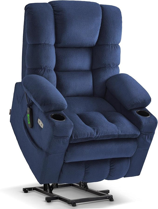 MCombo Triple Motor Lay Flat Power Lift Recliner Chair for Tall Elderly, Infinite Position, Massage, Dual Heating, Adjustable Headrest, Fabric 7634 (Navy Blue, Large)