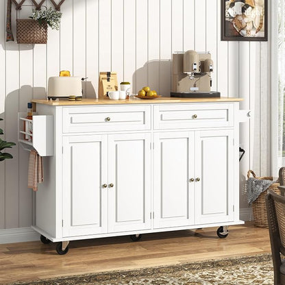 Hlivelood 59.1" Movable Kitchen Island with Drop Leaf and Power Outlet, Rolling Island Cart w/Storage Cabinet, Island Table on Wheels for Kitchen w/2 Drawers, Spice Rack, Towel Bar, Garage Hook, White