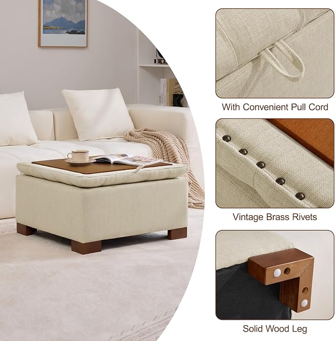 WUTUTUEE 30" Fabric Square Storage Ottoman with Wooden Tray, Modern Tufted Button Footstool Coffee Table, Upholstered Large Ottoman for Living Room, Bedroom, Khaki