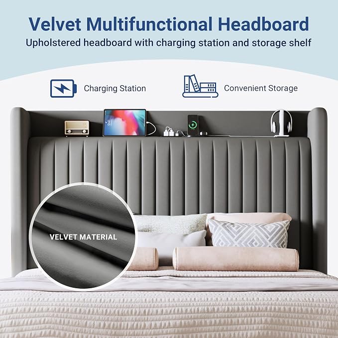 Allewie Full Size Platform Bed Frame with USB Charging Station and Storage Shelf/Upholstered Velvet Wingback Headboard/Wooden Slats Support/No Box Spring Needed/Easy Assembly, Grey