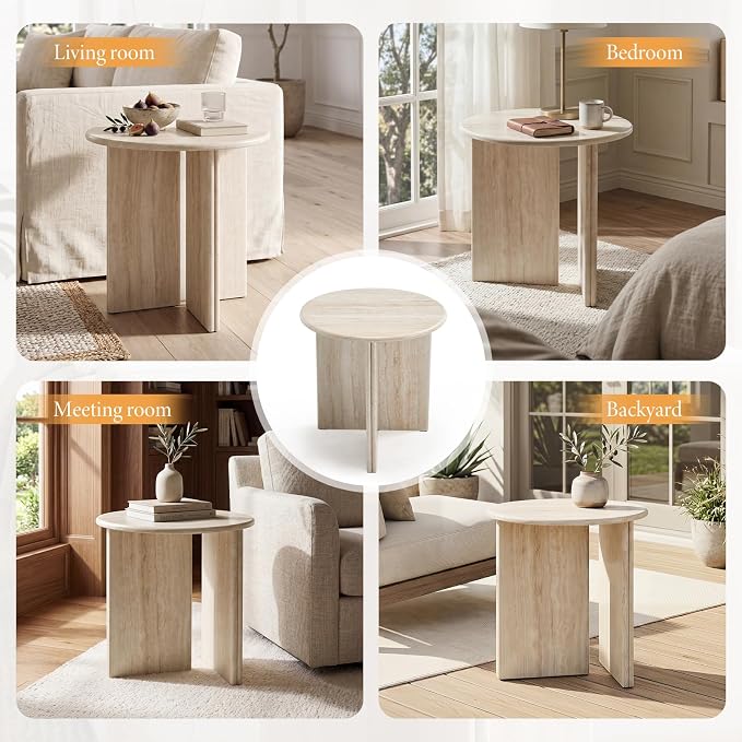 DUOMAY Wood Round Side Table Small Faux Marble Bedside Table 18" Modern End Table Natural Travertine Finish for Living Room, Bedroom, Sofa Side, Reception Room, Luxury Minimalist, Beige