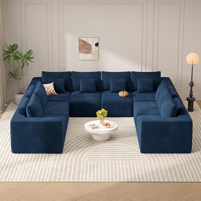 Modern U Shaped Modular Sectional Sofa, Convertible Oversized Cloud Couches for Living Room, Comfy 8 Seater Corduroy Boneless Couch Sofa Set, No Assembly Required, Beige 1 PCS