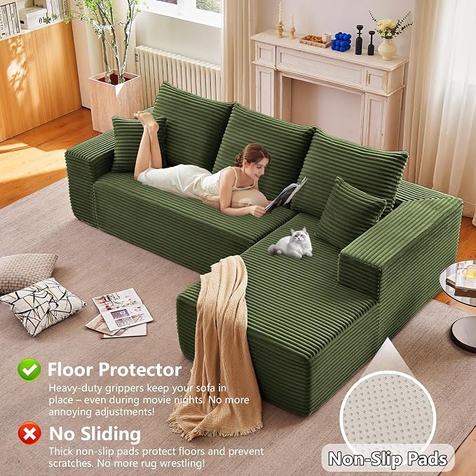 Sectional Couches for Living Room Cloud Couch Sofa with L-Shape Couch in a Box Upholstered Boneless Couchs Modern Modular Sectional Couch with Chaise (Green,B-3 Seater-Right-Facing Chaise-96 inch)