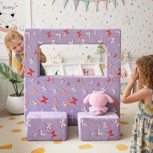 MeMoreCool Kids Modular Couch – Glow-in-the-Dark Butterfly Foam Sofa Bed, Lavender Convertible Toddler/Youth Playroom Sofa-to-Bed