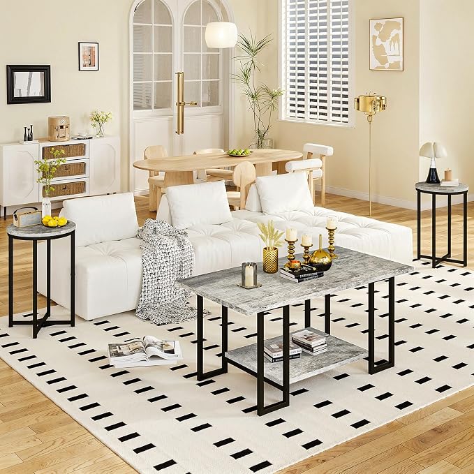 Lamerge 3 Pieces Living Room Table Set, Faux Marble Coffee Table with 2 Round End Side Tables, Coffee Table Set with Metal Frame for Apartment Home Office, Grey&Black