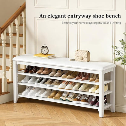 Shoe Rack Bench Entryway Storage with Leather Cushion, Shoe Organizer Bench for Entryway, Ideal for Front Doors Entrances Hallway Mudroom Featuring Rubberwood And 3 Height-Adjustable Removable Shelve
