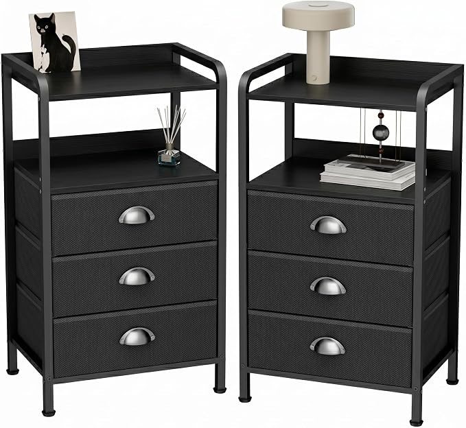 Night Stand Set 2, Nightstand with 3 Fabric Drawers and 2-Tier Shelf, Small Dresser Organizer, Bedside Table with Storage, End Table for Bedroom, Steel Frame, Wood Top, Black