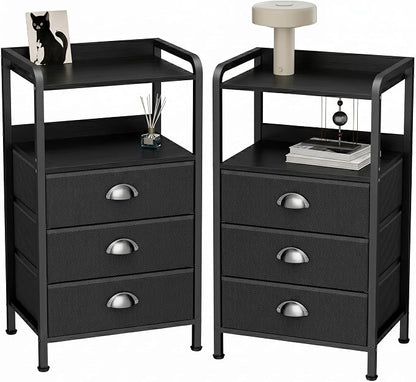Night Stand Set 2, Nightstand with 3 Fabric Drawers and 2-Tier Shelf, Small Dresser Organizer, Bedside Table with Storage, End Table for Bedroom, Steel Frame, Wood Top, Black