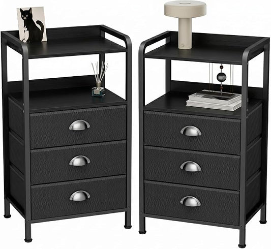 Night Stand Set 2, Nightstand with 3 Fabric Drawers and 2-Tier Shelf, Small Dresser Organizer, Bedside Table with Storage, End Table for Bedroom, Steel Frame, Wood Top, Black