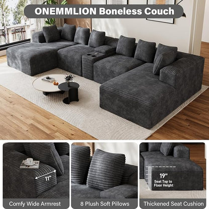 143" Oversized U Shaped Cloud Sectional Couches for Living Room, Comfy Fluffy Corduroy Dark Grey Boneless Couch, Large Modular Sectional Sofa Set with Chaise, Cup Holder, USB Port, Storage Console