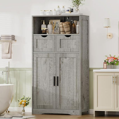 Iwell Storage Cabinet with 2 Drawers & 2 Adjustable Shelves, Kitchen Cabinet, Cupboard, for Living Room, Kitchen, Entryway, Home Office, Grey