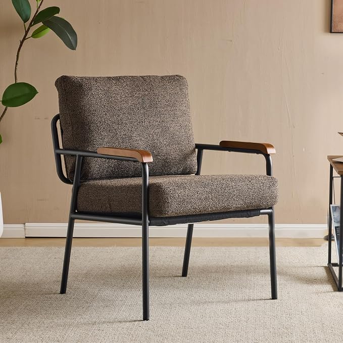 VINGLI Mid-Century Modern Accent Armchiar for Small Space, Small Comfy Upholstered Leisure Reading Chair with Wood Armrest for Bedroom, Living Room, Waiting Room, Linen Expresso