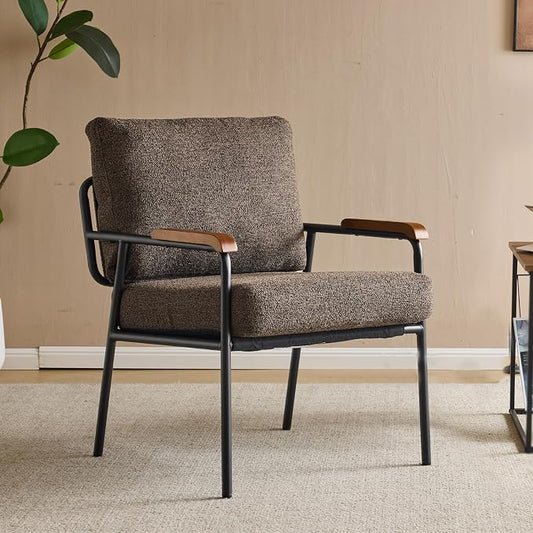 VINGLI Mid-Century Modern Accent Armchiar for Small Space, Small Comfy Upholstered Leisure Reading Chair with Wood Armrest for Bedroom, Living Room, Waiting Room, Linen Expresso