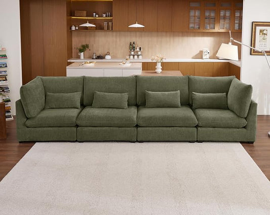 154" Oversized Chenille Couch Modular Sectional Sofa, Washable Cloud Couch Sectional, 4 Seater Sectional Couches for Living Room, Fully Cover Removable, Basic 4 Seater, Chenille, Green