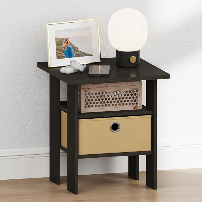 Furinno TIDUR 3-Tier Night Stand, Nightstand with Storage Bin, Espresso | Open Shelf Design, Bedside Table, End Table, Side Table for Bedroom, Living Room