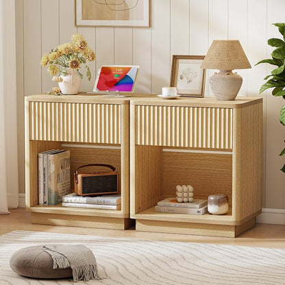 Baoz Oak Fluted Nightstand with Charging Station & 1 Drawers for Bedroom | 19" Wide Mid Century Modern Bedside Table Natural Wood Curved Profile Design Night Stand Metal Handle