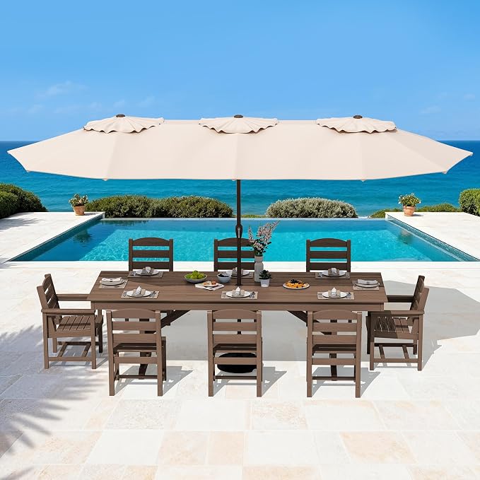SERWALL 9 Piece 84" HDPE Outdoor Dining Set with 6 Armless Chairs, 2 Armchairs and Umbrella Hole for 8, Brown