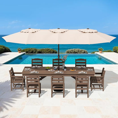 SERWALL 9 Piece 84" HDPE Outdoor Dining Set with 6 Armless Chairs, 2 Armchairs and Umbrella Hole for 8, Brown