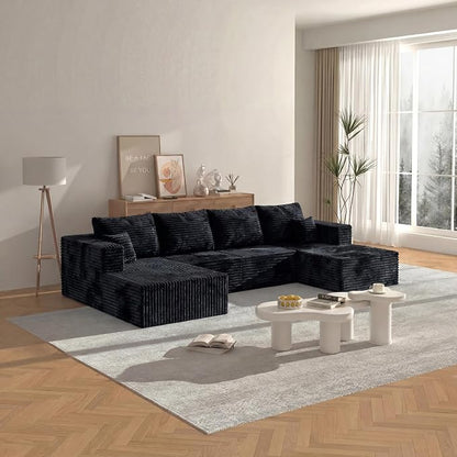 138" Modern Modular Sectional Sofa, U-Shaped Cloud Couch, Soft Corduroy Boneless Couch with 3060 High Rebound Memory Foam, Sectional Couches for Living Room-Black(Left Facing Chaise)