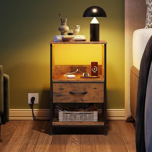 WLIVE Night Stand with Charging Station, LED Nightstand with Fabric Drawer and Open Shelf, Small Bedside Table for Bedroom, Dorm, Small Space, Rustic Brown