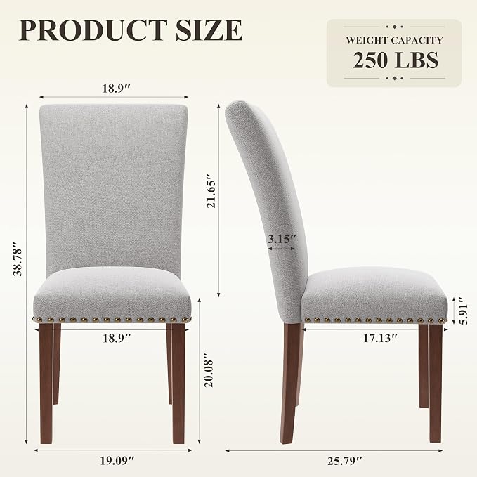 MALOL Dining Chairs Set of 2, High Back Dining Chair with Wood Legs and Nailhead Trim, Modern Padded Kitchen Room Chairs for Dining Room/Restaurant, Light Grey