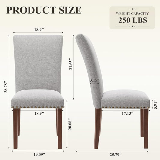 MALOL Dining Chairs Set of 2, High Back Dining Chair with Wood Legs and Nailhead Trim, Modern Padded Kitchen Room Chairs for Dining Room/Restaurant, Light Grey
