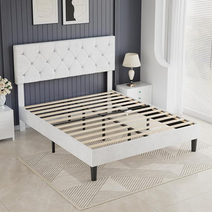 VECELO Queen Size Bed Frame with Diamond Tufted Headboard, Upholstered Platform Bedframe with Wood Slat Support, No Box Spring Needed, Velvet & White
