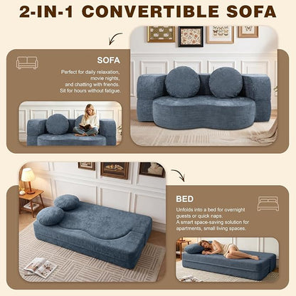 Vongrasig 77” Convertible Sofa Bed, Folding Boneless Couch, Floor Sofa 2-in-1 Curved Couch for Small Living Room, Apartment, Guest Room, Blue
