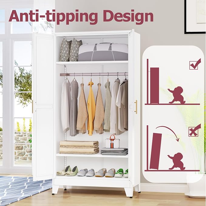 GAIOUS Metal Wardrobe Cabinet with Hanging Rod, Clothing Storage Cabinets | with 2 Doors and Adjustable Shelves, 71" Metal White Armoire Wardrobe Closet for Bedroom, Laundry Room, Cloak Room
