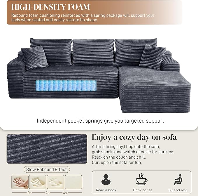 108" L Shaped Cloud Boneless Sectional Couches for Living Room, Modern Comfy Modular Deep Seat Memory Foam Compressed Corduroy Sofa Oversized Right Facing Chaise, No Assembly Required, Grey