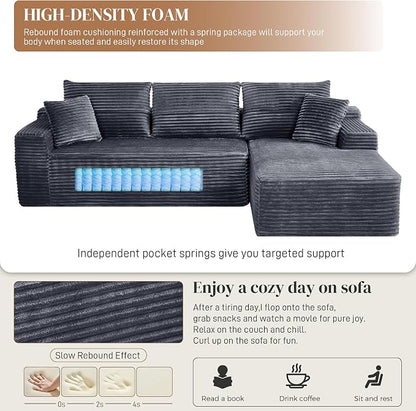 108" L Shaped Cloud Boneless Sectional Couches for Living Room, Modern Comfy Modular Deep Seat Memory Foam Compressed Corduroy Sofa Oversized Right Facing Chaise, No Assembly Required, Grey