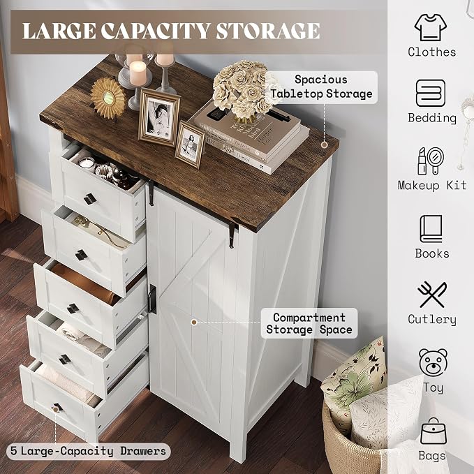 AMERLIFE 3-Piece Farmhouse Bedroom Set, King Size Bed with Sliding Barn Doors & Bookcase Headboard, 5-Drawer Tall Dresser, 4-Drawer Wide Dresser, Antique White