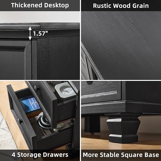 SAVOR LIFE Farmhouse TV Stand and Coffee Table Set 4, Rustic Wood Living Room Table Set with TV Console, Center Table, End Table Set of 2 for Living Room, Black