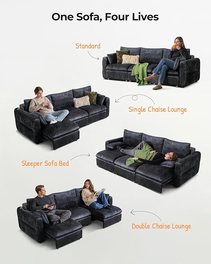 103" Electric Pull Out Sleeper Sofa Bed, 2in1 Convertible Power Extendable Couch Bed with Fast Charging USB&3 Smart Motor&Wide Back, Oversized Couches for Living Room&Small Space, Velvet Dark Grey