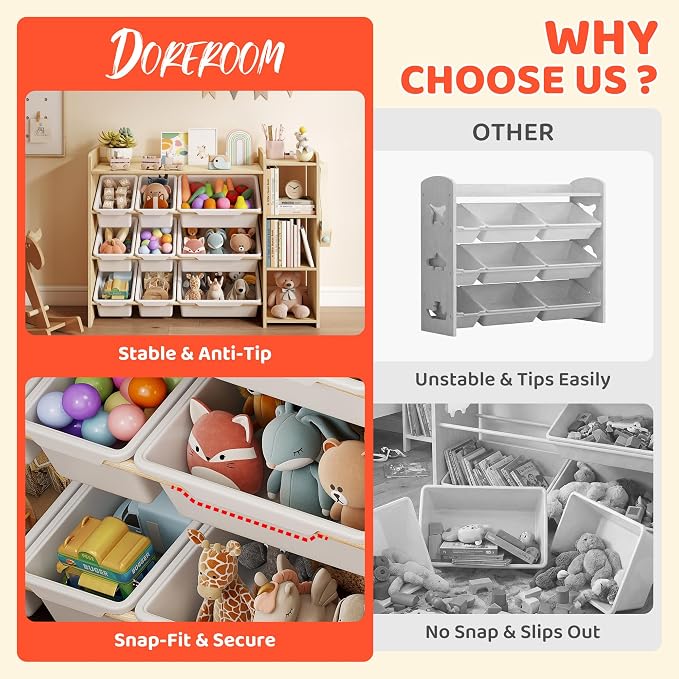 DOREROOM Toy Storage Organizer with Bookshelf, Kids Toy Storage and Organizers with 3 Shelves/9 Bins/3 Hooks, Bin Shelf, Toy Organization for Playroom, Nursery, Bedroom, Toddler Room | Wood & White