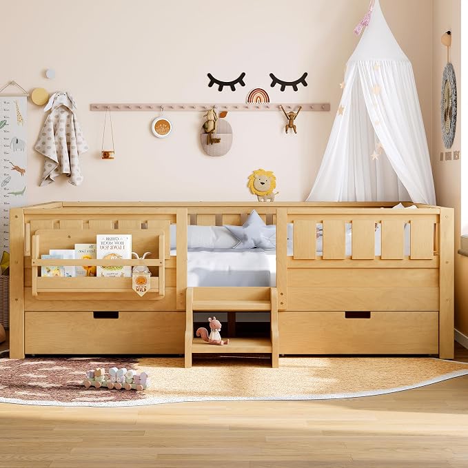 Bellemave Full Floor Bed with Stairs, Rails and Slats, Full Size Montessori Floor Bed with Bookshelf and 2 Storage Drawers, Easy Assemble Montessori Beds Frame for Girls, Boys, Light Natural