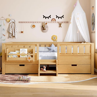 Bellemave Full Floor Bed with Stairs, Rails and Slats, Full Size Montessori Floor Bed with Bookshelf and 2 Storage Drawers, Easy Assemble Montessori Beds Frame for Girls, Boys, Light Natural